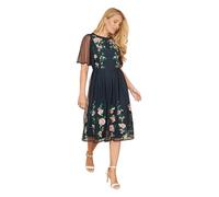 Yumi Navy Embroidered Sleeve Prom Skater Dress (UK, Numeric, 16, Regular, Regular, Navy)