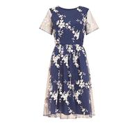 Yumi Navy Floral Embroidered Skater Dress, Short Sheer Sleeves, 106cm Length (UK, Numeric, 16, Regular, Regular, Navy)
