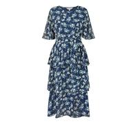 Yumi Navy Floral Frill Layer Midi Dress (UK, Numeric, 12, Regular, Regular, Navy)