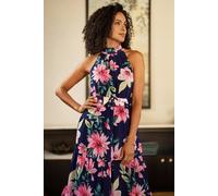 Yumi Women's Navy Floral Halter Neck Midi Dress With Matching Belt | Size: 14 Yumi Navy 14