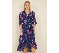 Yumi Navy Floral Kimono Dipped Hem Dress Navy 14