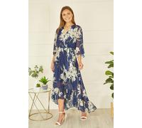 Yumi Navy Floral Kimono Sleeves Dip Hem Wrap Midi Dress Navy 8