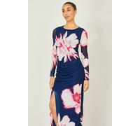 Yumi Navy Floral Placement Floral Long Sleeve Mesh Maxi Dress Navy