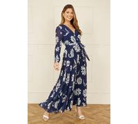 Yumi Navy Floral Pleated Midi Wrap Long Sleeve Dress Navy