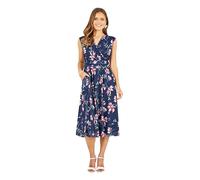 Yumi Navy Floral Print Mesh Stretch Midi Dress with Pockets 12 Navy