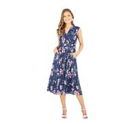 Navy Floral Print Mesh Stretch Midi Dress With Pockets Yumi Navy 14