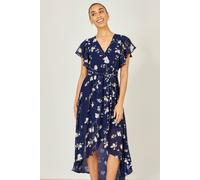 Yumi Navy Floral Wrap Midi Dress with Frill Hem (UK, Numeric, 20, Regular, Regular, Navy)