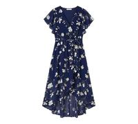 Yumi Navy Floral Wrap Midi Dress with Frill Hem (UK, Numeric, 14, Regular, Regular, Navy)