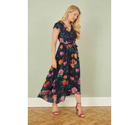 Yumi Women's Navy Flower Print Wrap Midi Dress | Size: 16 Yumi Navy 16