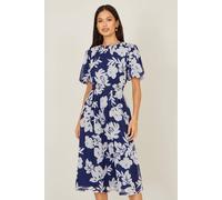 Yumi Navy Flower Stretch Mesh Midi Dress With Angel Sleeves Navy 16