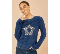 Yumi Women's Navy Fluffy Star Christmas Jumper | Size: Medium Yumi Navy M