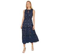 Yumi Women's Navy Foil Print Ruched Waist Midi Dress With Tie Notch Neckline | Size: 16 Yumi Navy 16