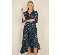 Yumi Navy Foil Print Wrap Over Dip Hem Midi Dress Navy 16