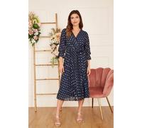 Yumi Navy Foil Printed Pleated Wrap Midi Dress Navy 12