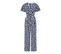 Yumi Navy Geometric Print Jumpsuit, Wide Leg, V-Neck, Short Angel Sleeves, 135cm Length (Navy, 16)