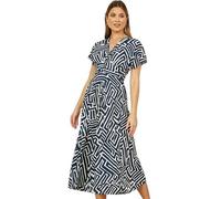 Yumi Navy Geometric Print Ruched Waist Midi Dress with Kimono Sleeves (UK, Numeric, 12, Regular, Regular, Navy)