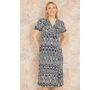 Yumi Women's Navy Ikat Print Midi Dress With Split Hem | Size: 12
