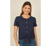 Yumi Women's Navy Jersey Button Detail T-Shirt | Size: 8 Yumi Navy 8