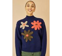 Yumi Navy Knitted High Neck Jumper With Applique Flowers Navy