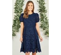 Yumi Navy Lace Skater Dress with Puff Sleeves (UK, Numeric, 14, Regular, Regular, Navy)
