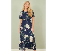 Yumi Navy Mesh Bird And Floral Print Midi Dress With Ruffles Navy 24