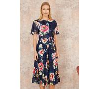 Yumi Navy Mesh Floral Print Midi Dress With Angel Sleeves Navy 12