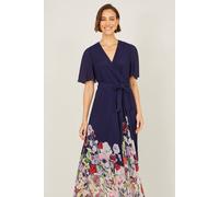Yumi Navy Mesh Wrap Midi Dress With Floral Hem Border Navy