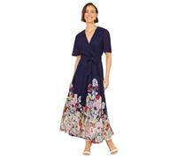 Yumi Navy Mesh Wrap Midi Dress with Floral Hem Border (UK, Numeric, 14, Regular, Regular, Navy)