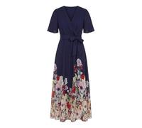 Yumi Women's Navy Mesh Wrap Midi Dress With Floral Hem Border | Size: 16 Yumi Navy 16