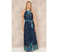 Yumi Navy Mirror Floral Print Maxi Halter Neck Dress Navy 16