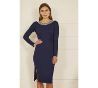 Yumi Women's Navy Pearl Neckline Fitted Midi Knitted Dress | Size: Small Yumi Navy S