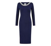 Yumi Navy Pearl Neckline Fitted Midi Knitted Dress (UK, Alpha, S, Regular, Regular, Navy)