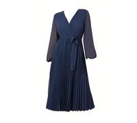 Yumi Navy Pleated Wrap Midi Dress with Sheer Long Sleeves (UK, Numeric, 16, Regular, Regular, Navy)