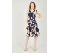Yumi Navy Rose Printed Wrap Over Sleeveless Skater Dress Navy 18