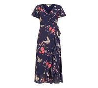 Yumi Navy Satin Crane Print Wrap Dress 14 Navy