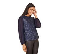 Yumi Navy Sequin Top with Sheer Sleeves 16 UK Navy