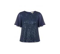 Yumi Navy Sequin Top with Sheer Sleeves and Cut Out Back