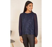 Yumi Women's Navy Sequin Top With Sheer Sleeves | Size: 12 Yumi Navy 12