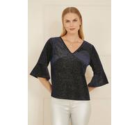 Yumi Navy Sparkle Velvet Relaxed Fit Top With Fluted Sleeves Navy 16