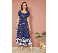 Yumi Navy Spot And Floral Print Border Ruched Midi Dress Navy 12