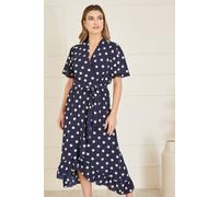 Yumi Navy Spot Print Wrap Midi Dress With Frill Detail Navy 12