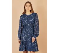 Yumi Navy Star Print Foil Long Sleeve Dress Navy 14