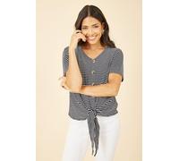 Yumi Navy Striped Jersey Button Detail Top Navy 14