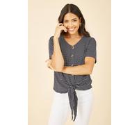 Yumi Women's Navy Striped Jersey Button Detail Top | Size: 16 Yumi Navy 16