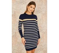 Yumi Navy Striped Knitted Dress With Button Cuff Detail Navy L