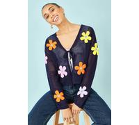 Yumi Women's Navy Tie Front Cardigan With Flower Design | Size: Large Yumi Navy L