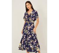 Yumi Navy Viscose Floral Print Midi Dress With Ruched Waist Navy 8