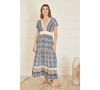 Yumi Navy Viscose Leaf Print Maxi Dress With Lace Trim In Blue Blue 14