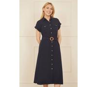 Yumi Navy Viscose Linen Look Midi Shirt Dress with Wooden Belt (UK, Numeric, 8, Regular, Regular, Navy)