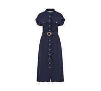 Yumi Navy Viscose Linen Look Midi Shirt Dress with Wooden Belt (UK, Numeric, 8, Regular, Regular, Navy)